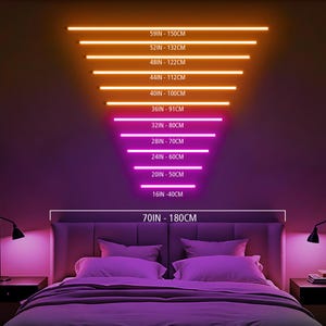 May include: A diagram showing different sizes of LED light strips for a bedroom. The sizes are listed in inches and centimeters. The largest size is 70 inches or 180 centimeters. The smallest size is 16 inches or 40 centimeters.