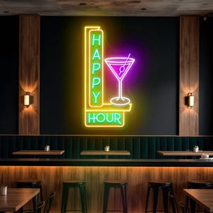 Happy Hour Neon Sign, Koktajle Neon Light, Dekoracja domowego baru Neon Light, Dekoracja baru Neon Party, Niestandardowy Neon Sign Bar, Sztuka ścienna Koktajle