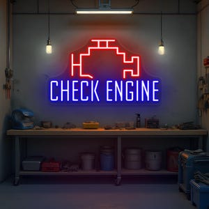 Check Engine Neon Sign, Garage LED Sign, Engine Neon Sign, Man Cave Neon, Auto Shop Signage, Gift for Him, Gift for Dad, Custom Neon Sign