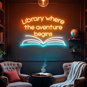 Library Where the Adventure Begins Neon Sign, Book Lover LED Light, Reading Room Wall Decor, Custom Library Sign for Bookworms and Readers