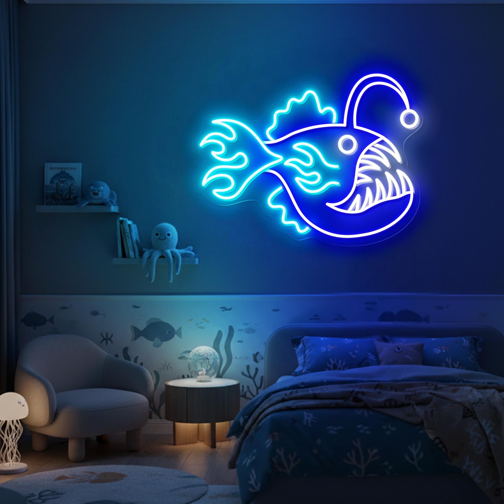 Anglerfish Neon Sign, Sea Monster LED Sign, Ocean Animal Neon Light ...