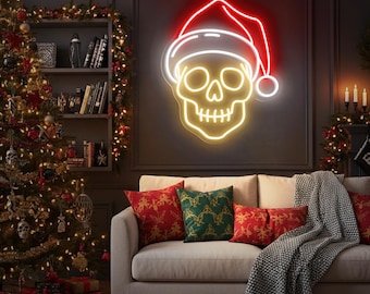Skull with Santa Hat Neon Sign, Spooky Christmas LED Wall Light, Gothic Holiday Decor, Creepy Xmas Party Sign, Unique Christmas Neon Sign