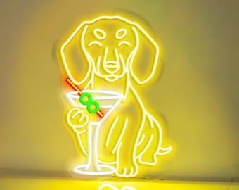 Dachshund Drinking Cocktail Neon Sign Dachshund Dog LED Neon Light Cocktail Glasses LED Signs for Home Bar Decor Pet Lovers Gift Bar Sign