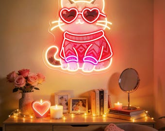 Valentine Cat Heart Neon Sign, Cute Love LED Light, Pet Lover Gift, Kitty Neon Bedroom Decor, Valentines Day Decor, Custom Neon Sign