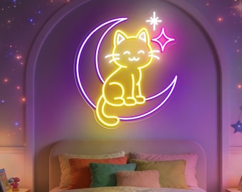 Cat Head Moon LED Neon Sign, Cute Kawaii Cat Head Custom Neon Sign, Crescent Moon Stars Wall LED Light, Kids Room Decor, Gaming Room Setup