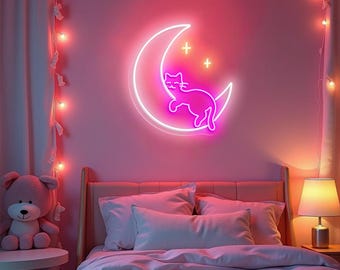Cat Moon Neon Sign Sleeping Cat on Moon LED Light Celestial Bedroom Decor Cute Cat Wall Art Custom Neon Sign Gift for Cat Lover Kawaii Decor