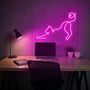 Stretching Cat with Heart Neon Sign, Lazy Cat LED Light, Funny Wall Decor for Kids Room, Animal Neon Sign, Pet Lover Gift, Pets Shop Decor