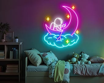 Letrero de neón de astronauta, luna y nube, arte de pared personalizado de astronauta, decoración kawaii para habitación infantil, decoración de guardería, regalo personalizado para niña, decoración de sala de juegos