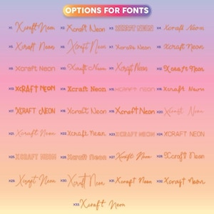 May include: A graphic showcasing 33 font options labeled Xcraft Neon. The fonts are displayed in a gradient background of pink, orange, and purple. The text "OPTIONS FOR FONTS" is at the top.