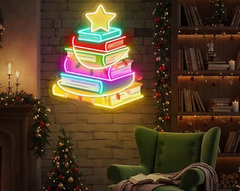 Christmas Tree Book Neon Sign, Holiday Reading LED Sign, Cozy Library Decor, Book Lover Gift, Xmas Home Wall Art, Custom Christmas Neon Sign