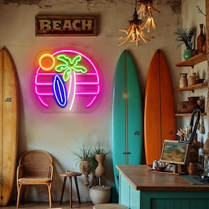 Beach Sunset Neon Sign LED Palm Tree Wall Light Tropical Surfboard Room Decor Summer Vibes Bar Sign Coastal Theme Tiki Bar Game Room Setup