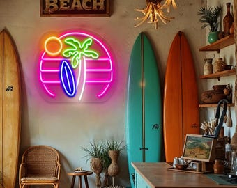 Beach Sunset Neon Sign LED Palm Tree Wall Light Tropical Surfboard Room Decor Summer Vibes Bar Sign Coastal Theme Tiki Bar Game Room Setup