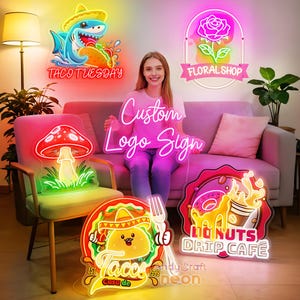 May include: A collection of colorful neon signs, including a shark with a taco that says "Taco Tuesday", a mushroom, a rose with "Floral Shop", a taco with "Casa de Taco", and a donut with "Nuts Drip Cafe". A sign says "Custom Logo Sign".