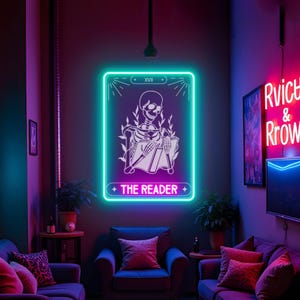 Neonbord tarotkaart lezer, neonbord lezing skelet, led-neonbord tarotkaart, led-neonbord tarotkaartlezer, kunst aan de muur tarotkaart lezer, cadeau voor lezer