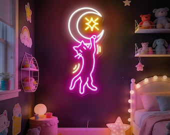 Moon Cat Neon Sign Hanging Cat LED Light Aesthetic Bedroom Wall Art Cute Cat Decor Celestial Custom LED Neon Light Gift for Cat/Pet Lovers