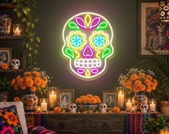 Sugar Skull Neon Sign, Calavera Day of the Dead Decor