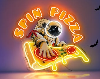 Astronaut Spins Pizza LED Neon Sign, Custom Neon Sign, Custom Business Logo Sign, Wall Art decor, Space Neon Light, Pizza Restaurant Decor