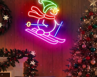 Cute Snowman Skiing Neon Sign, Christmas LED Light, Winter Holiday Decor, Funny Snowman Wall Art, Xmas Party Decoration, Custom Neon Sign