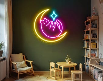 Cat Laying on Moon Neon Sign, Cute Cat LED Wall Light, Bedroom Decor Sign, Moon and Stars Neon Light, Gift for Cat Lover, Custom Neon Sign