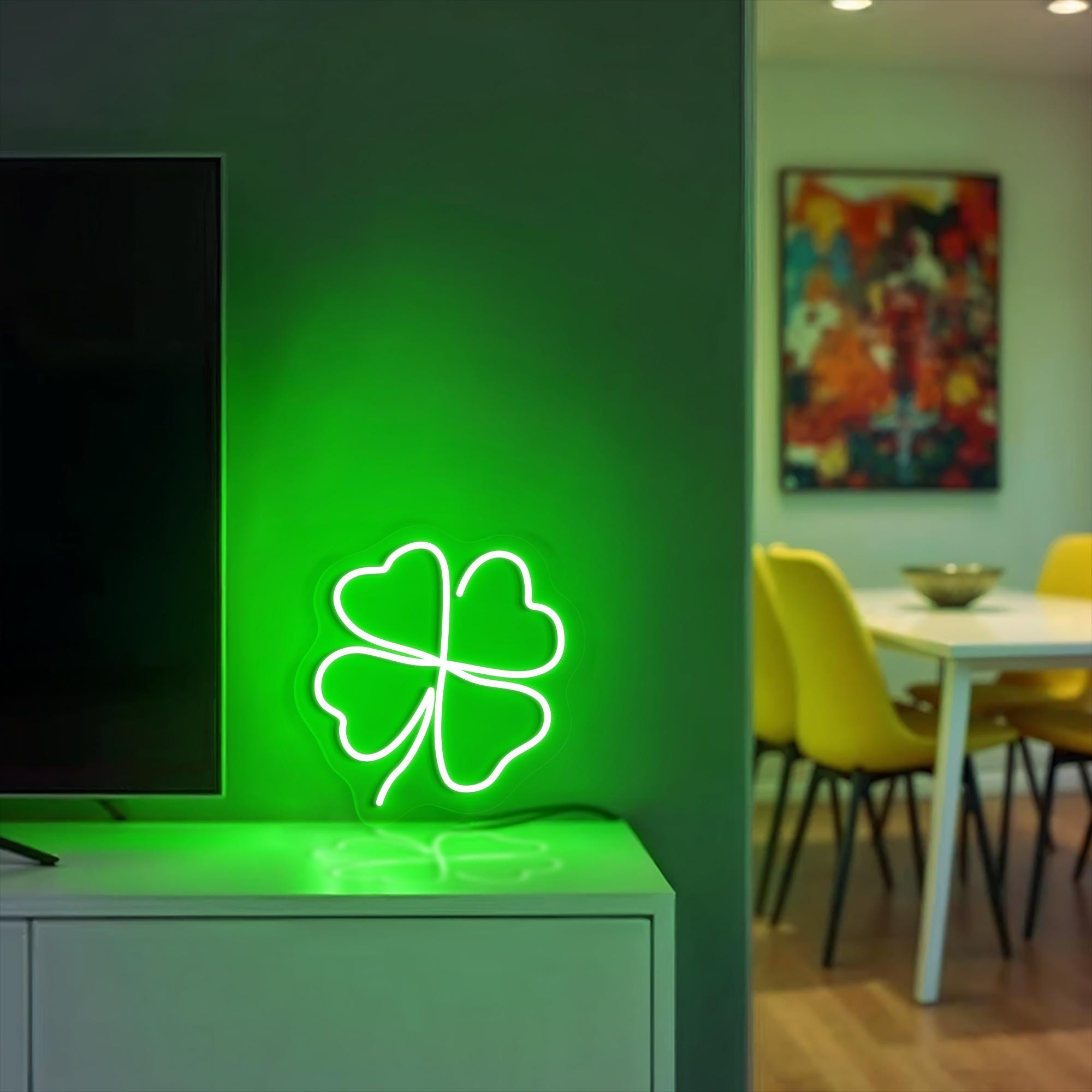 Letrero de neón Lucky Clover, trébol de cuatro hojas, luz LED, decoración del día de San Patricio, amuleto irlandés de buena suerte, arte de pared de neón verde, letrero para bar o pub, regalo irlandés