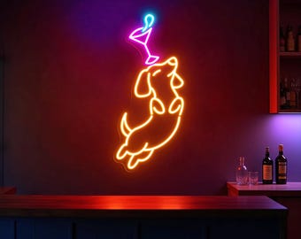 Dachshund Martini Neon Sign, Cute Sausage Dog with Cocktail LED Light, Funny Pet Lover Bar Wall Decor, Custom Dachshund Party Neon Light