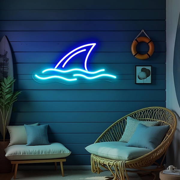Letrero de neón de aleta de tiburón, letrero LED de tiburón, letrero de neón de animales marinos, arte de pared de tiburón, letrero decorativo de pared de tiburón oceánico, regalo para niños, letrero de neón personalizado
