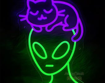 Alien with Cat Neon Sign, Alien Cat Neon Light, UFO LED Wall Light, Funny Space Decor, UFO Neon Sign, Cute Pet Lover Gift, Custom Neon Sign