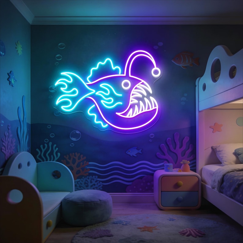 Anglerfish Neon Sign, Sea Monster LED Sign, Ocean Animal Neon Light ...
