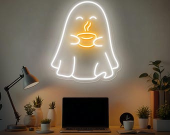 Ghost Drinking Coffee Neon Sign, Spooky Coffee Lover LED Light, Halloween Party Decor, Funny Boo Sign, Halloween Neon Sign, Custom Neon Sign