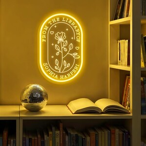 Custom Name&#39;s Library LED Light Custom Oval Acrylic Gift for Bookworm Book Lover Gift Custom Librarian Gift Book Club Decor Bookish Decor