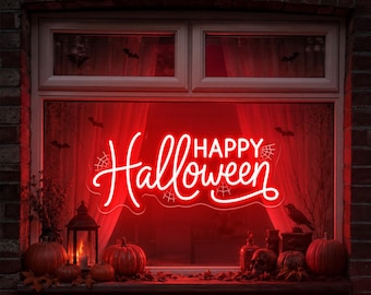 Happy Halloween Neon Sign with Spider Web