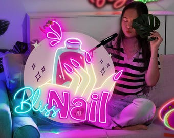 Letrero de neón LED Bliss Nails, letrero personalizado para salón de uñas, decoración de pared moderna, letrero personalizado, letrero LED para salón de belleza, decoración de spa de uñas, letrero para uñas