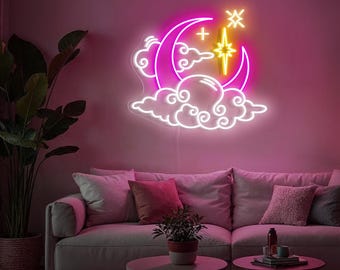 Moon Cloud Star Neon Sign Custom Neon Sign Valentines Day Decor Aesthetic Room Decor Cute Gift for Kids Nursery Decor Moonlight Home Decor