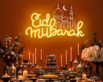 Eid Mubarak Neon Sign, Festival Neon Sign, Holidays Ramadan Mubarak Sign, Eid Celebration Ramadan Wall Decor, Eid Mubarak Crescent Moon Neon
