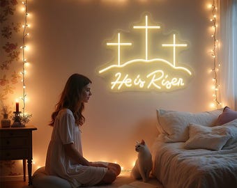 He Is Risen Neon Sign, Jesus Neon LED Light, Cross Neon Sign, Christian Cross Neon Light, Religious Faith Wall Decor Sign, Christ Neon Light