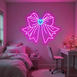 Bow Neon Sign, Ribbon Led Neon Light, Coquette Aesthetic Decor, Bedroom Wall Hanging, Pink Room Wall Art, Cute Bow Neon, Custom Neon Sign