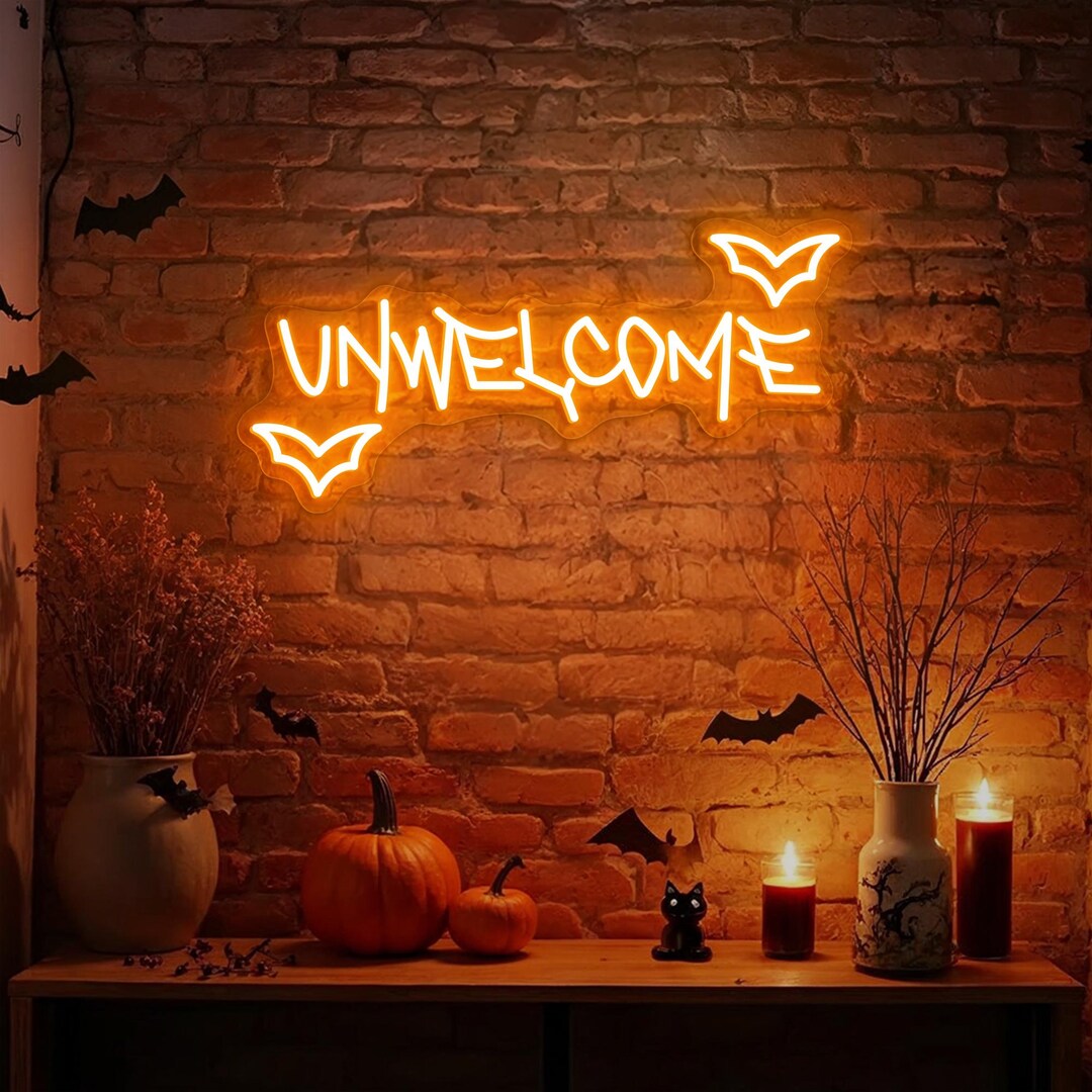 Un Welcomesign Unwelcome Bat Neon Sign, Gothic Wall Decor, Spooky Bat Neon Light, Dark ...
