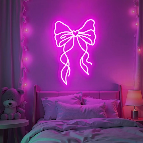 Pink Bow Tie Neon Sign Coquette Bow Tie LED Neon Light Pink Bow Wall Art Cute Birthday Gift for Girl Nail Shop Decor Bedroom Wall Decor