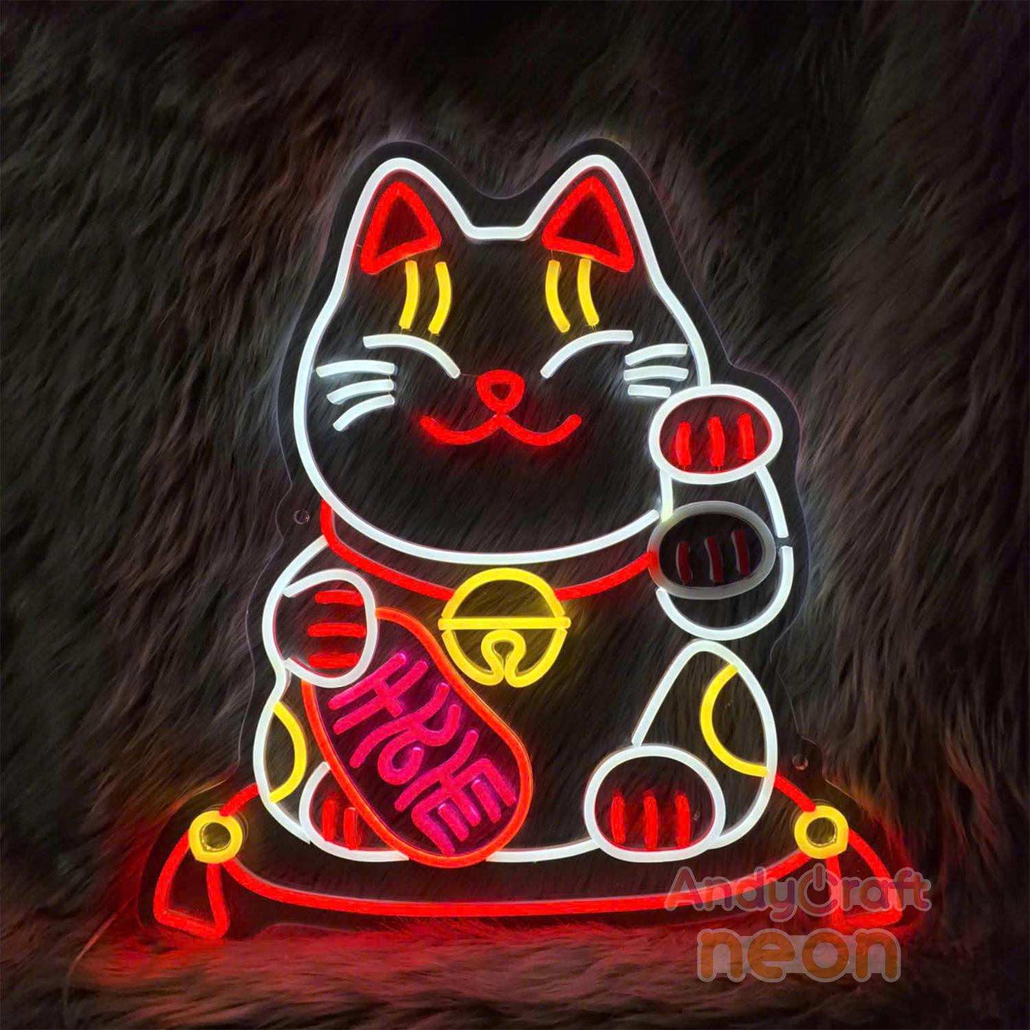 Waving Lucky Cat Neon Sign Animated LED Fortune Cat for Home and