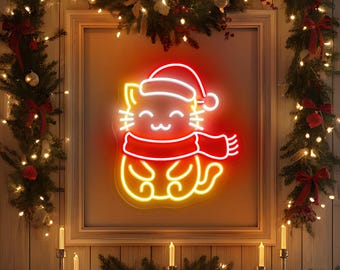 Christmas Cat Neon Sign, Cute Holiday LED Wall Light, Funny Kitty Xmas Decoration, Pet Lover Gift, Festive Home Wall Art, Custom Neon Sign