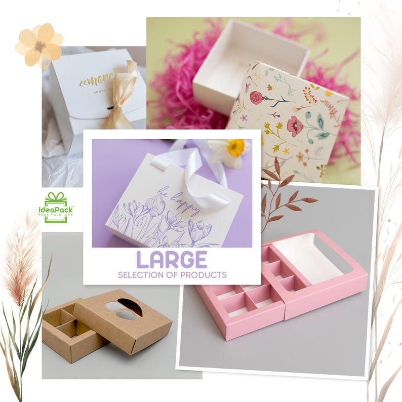 May include: Assortment of gift boxes in various sizes and styles.  The boxes are made of cardboard and feature different designs, including floral patterns, a white box with the word "memo" and a white box with the words "be happy".