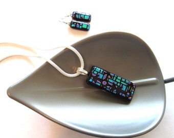 Dichroic Glass Pendant Earring Set Fused Glass Dichroic Necklace Jewelry Blue Teal Silver Modern Geometric Minimalist Glass Unique