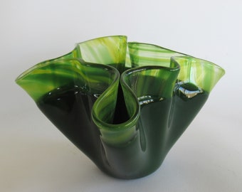 Green Vase Fused Art Glass Kerchief Vase Variegated Handkerchief Abstract Handmade Gift Votive Pillar Candle Holder Dawn of Creation