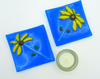 Floral Candle Plate Glass Set Aqua Votive Holder Blue Fused Glass Turquoise Yellow Flowers Art Glass Votive Trinket Dish Dawn of Creation