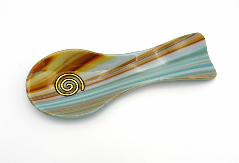 Fused Glass Spoon Rest Orange Blue Metallic Spiral Kitchen Accessory Fused Art Glass Utensil Holder Chef Gifts Cook Gift DawnofCreation image 1