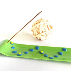 Incenses Holder Lime Green Blue Glass Insence Burner Fused Glass Art Glass Lime Green Home Decor Geometric Design Dawn of Creation Glass