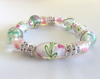 Lampwork Glass Bracelet Pink Wedding Cake Beads Swarovski Bling Vintage Gold Luster Strong Stretch Statement Jewelry from Dawn of Creation