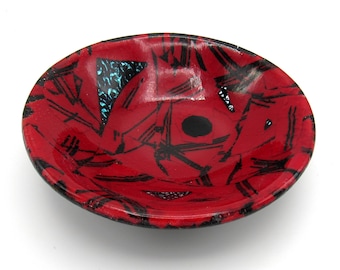 Glass Art Bowl Red Black Abstract Art Dish Heavy Cast Glass Black Fused Glass Red Design Art Glass Handmade Gifts for Her Mothers Day Gift