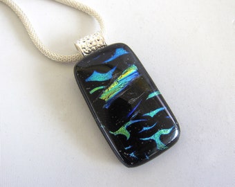 Wave Pendant Dichroic Fused Glass Pendant Black Aqua Necklace Fused GlassStatement Necklace Jewelry Jewellery Blue Silver Mom Gifts for Her