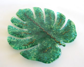 Fused Glass Art Bowl Jade Green Monstera Leaf Mosaic Leaf Centerpiece Platter Modern Abstract Studio Art Dawn of Creation Glass